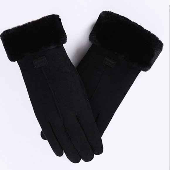 2/$30 Black Touch Screen Faux Suede Fashion Gloves with Faux Fur Trim Winter - Picture 6 of 6